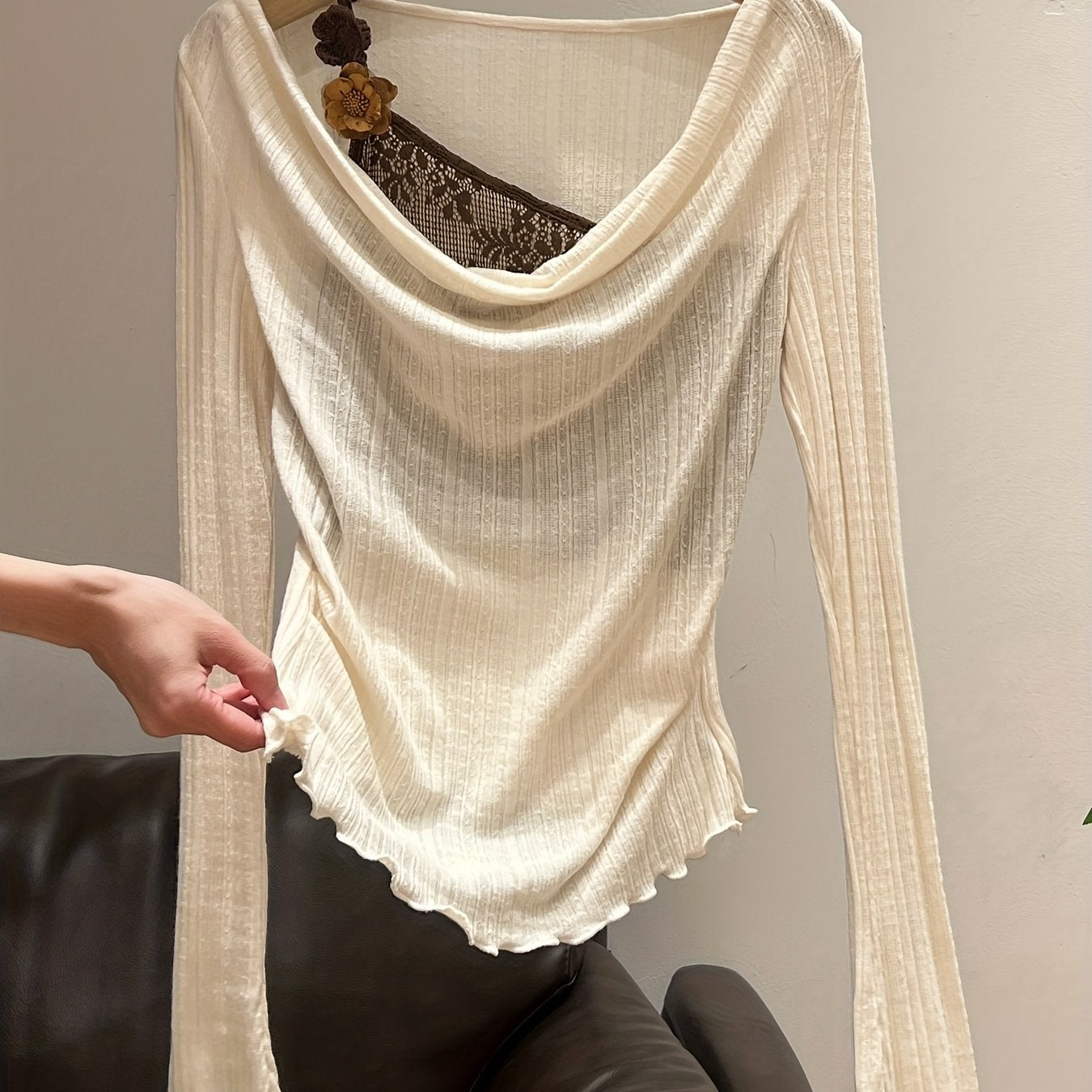 Women's Elegant Layered Short Blouse - Ruffled Collar & Hem Short-Sleeve-like Long Sleeve Tunic Top