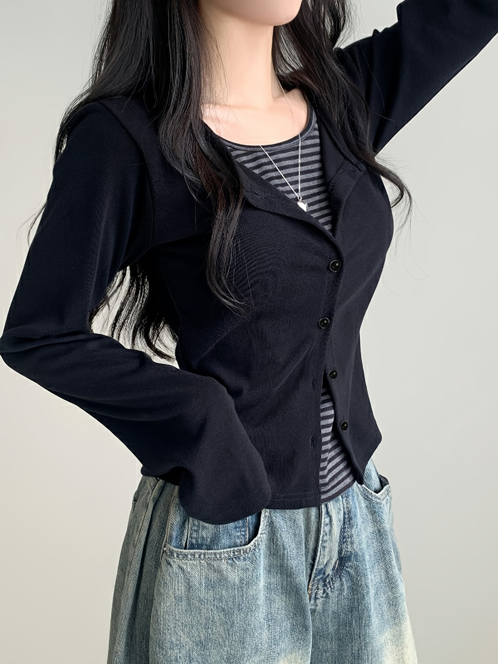 Color-Blocked Striped Patchwork Faux Two-Piece T-Shirt, Casual Single-Breasted Long-Sleeve Top