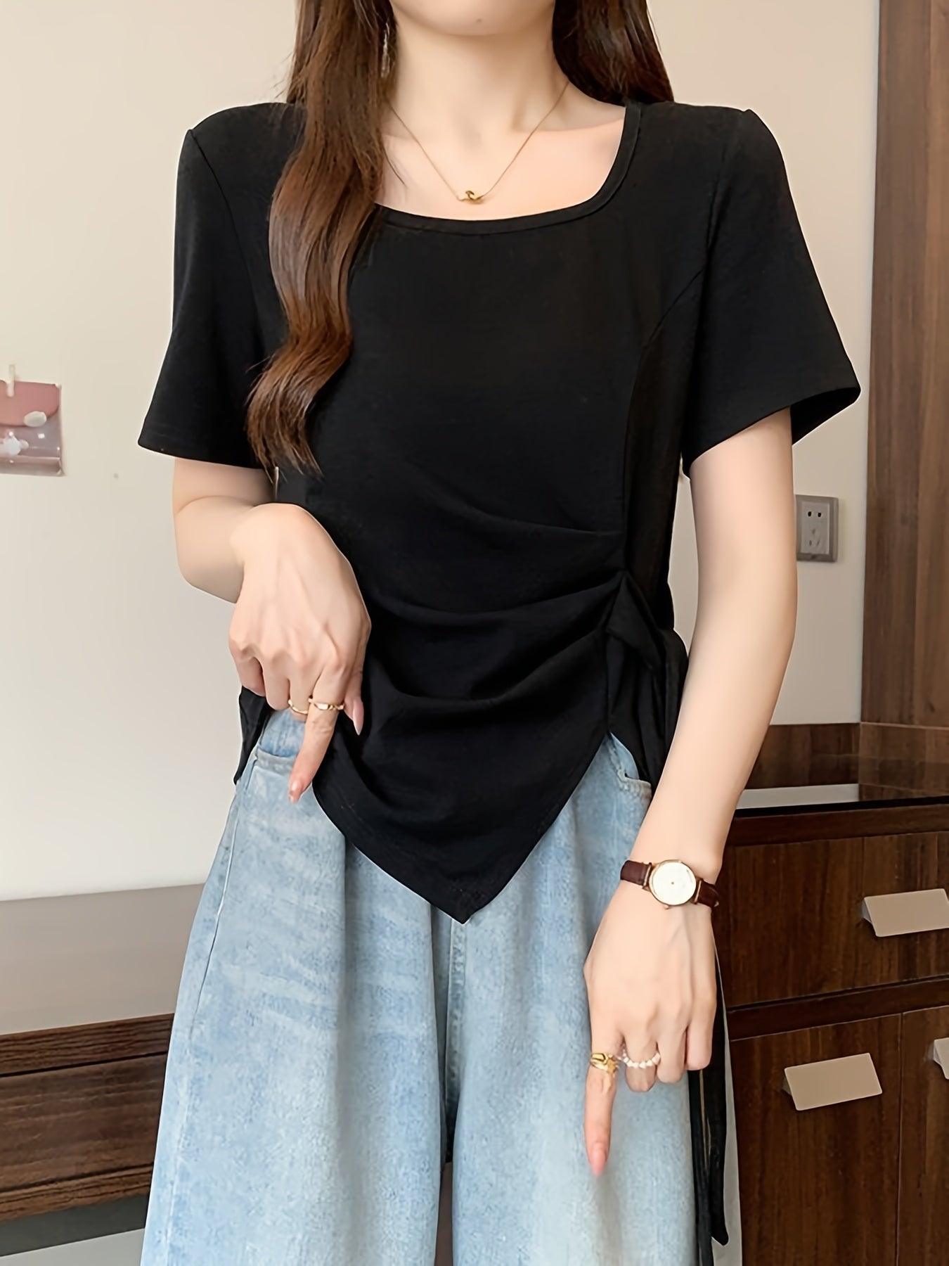 Women'S Light Blue Asymmetrical Short Sleeve Top with Tie-Waist Detail - Casual Summer Blouse