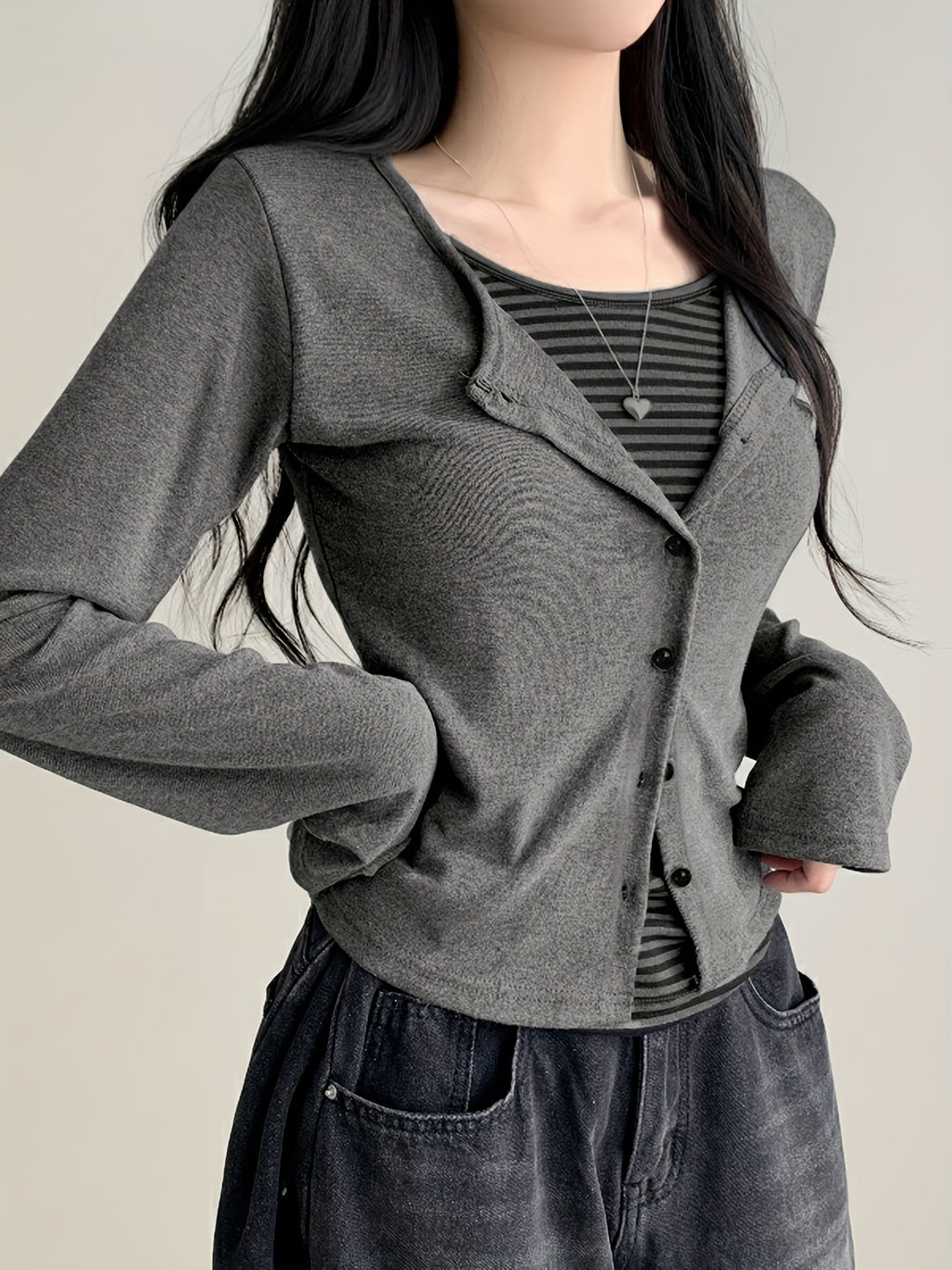 Color-Blocked Striped Patchwork Faux Two-Piece T-Shirt, Casual Single-Breasted Long-Sleeve Top