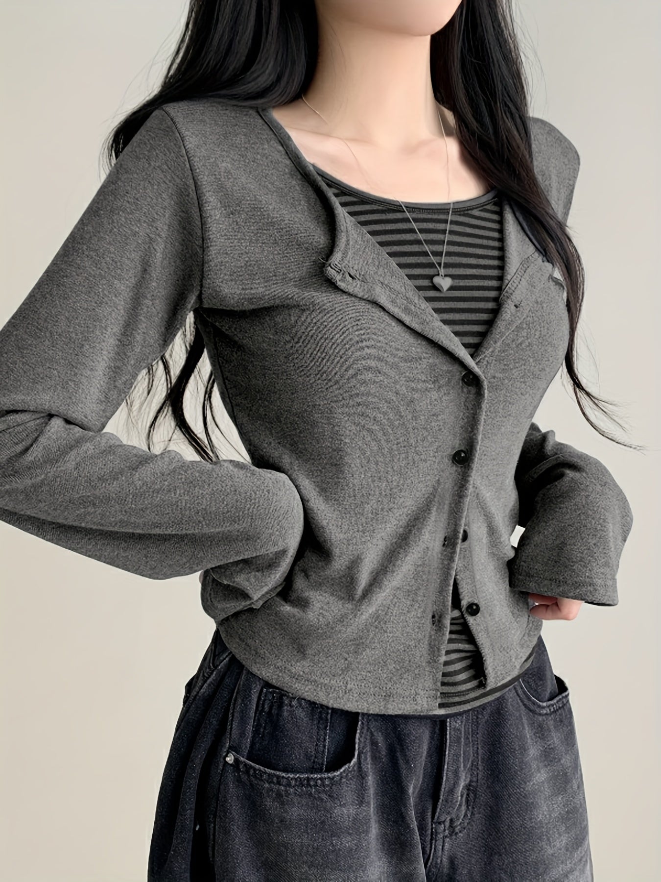 Color-Blocked Striped Patchwork Faux Two-Piece T-Shirt, Casual Single-Breasted Long-Sleeve Top