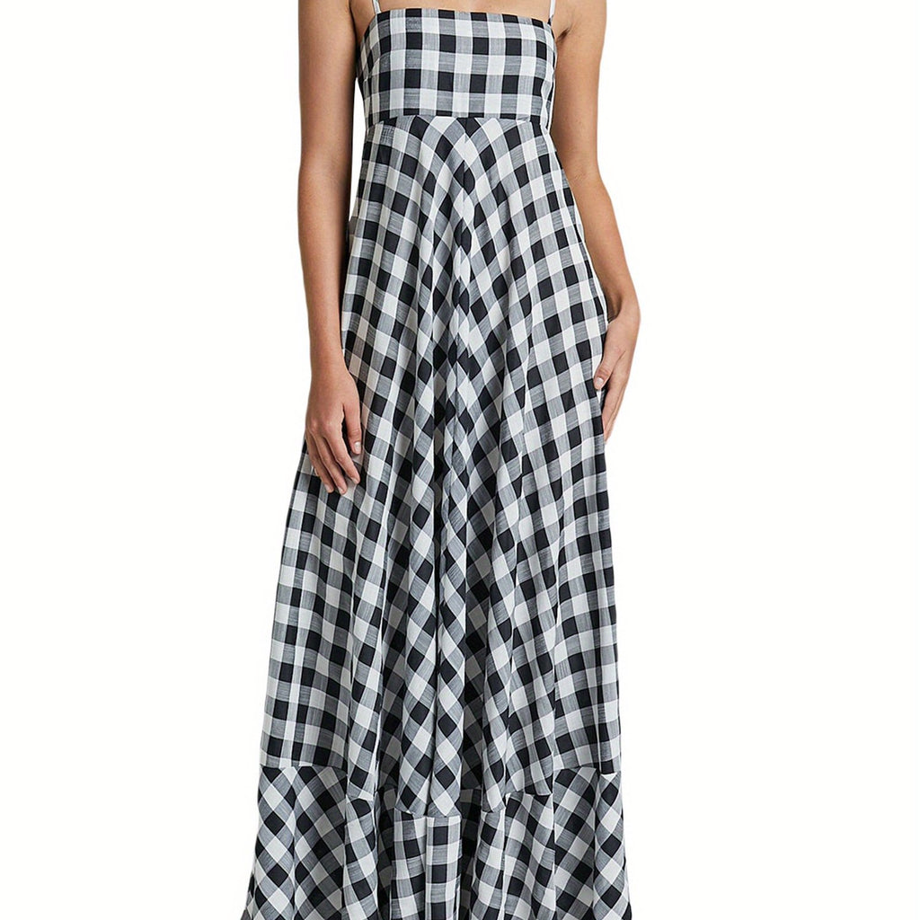 1pc Boho Chic Women'S Summer Maxi Dress - Plaid A-Line Sundress with Off the Shoulder Spaghetti Straps