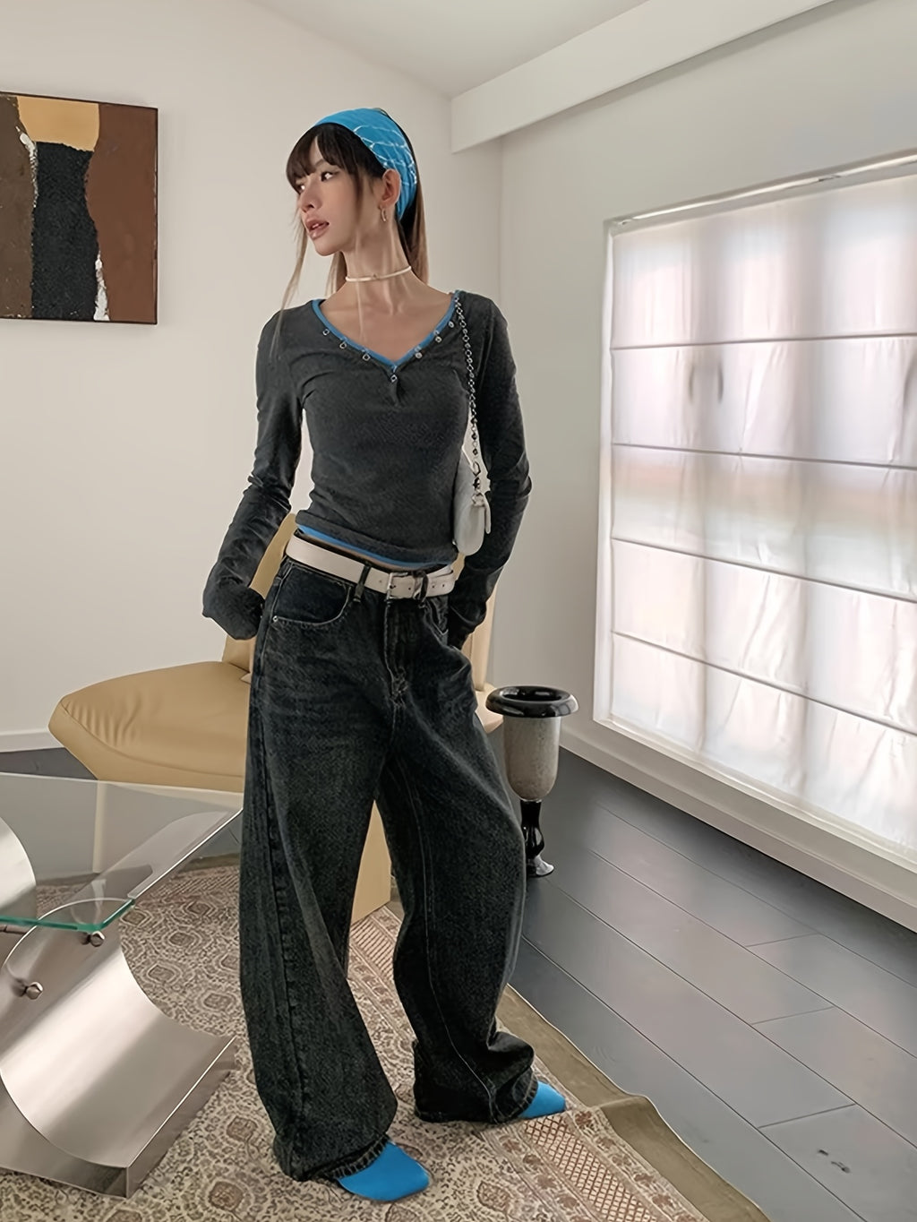 Women's Stretchy V-Neck Long Sleeve T-Shirt - Slim Fit Tops with Dark color