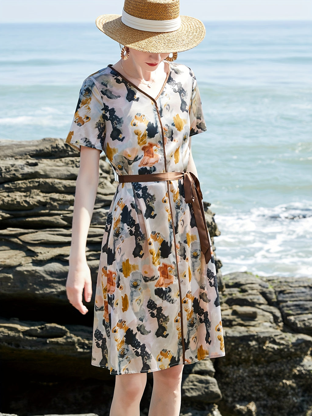 2025 New Summer Dress for Women - Heavyweight Mulberry Silky Long Sleeve V-Neck with Belted Waist & Floral Print