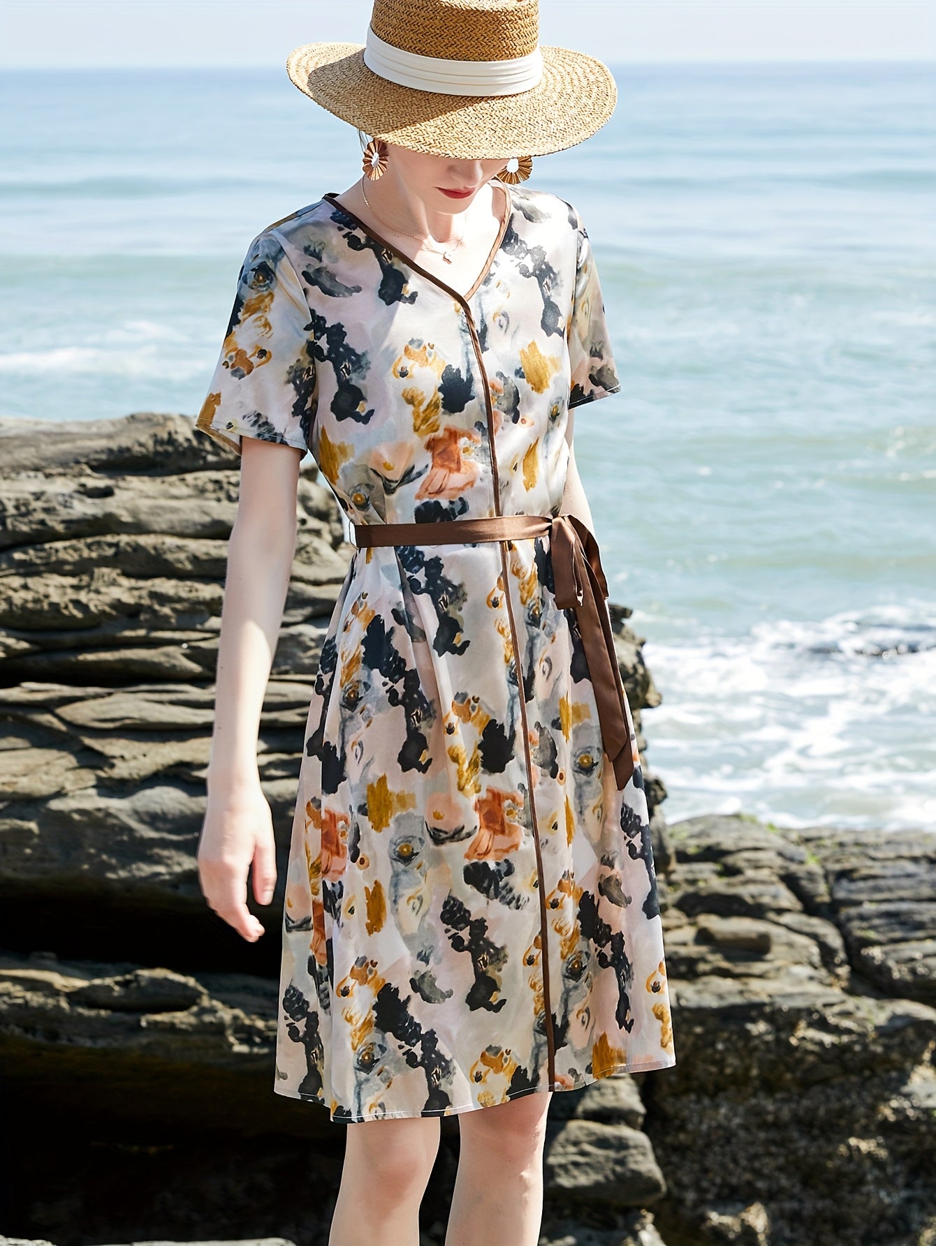 2025 New Summer Dress for Women - Heavyweight Mulberry Silky Long Sleeve V-Neck with Belted Waist & Floral Print