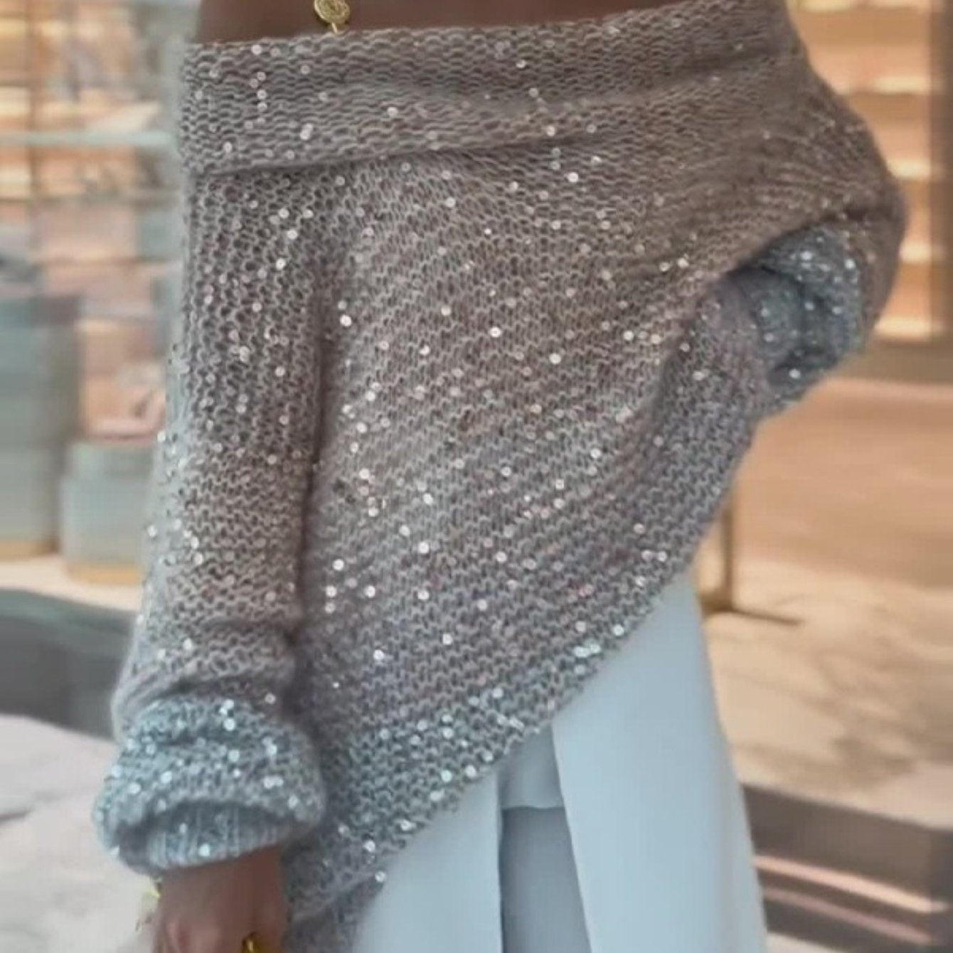 Women's Sparkling Off-the-Shoulder Sweater with Asymmetrical Sequin Sleeves - Winter Warm Loose-Fit H-Line Blazer-like Jacket