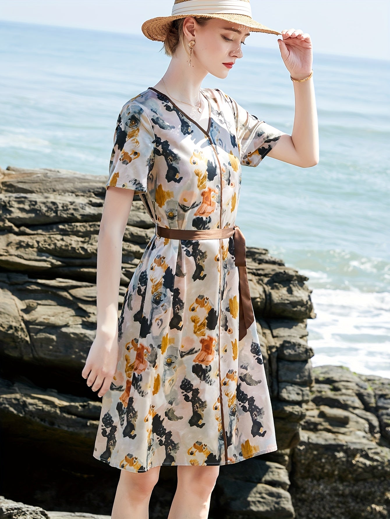 2025 New Summer Dress for Women - Heavyweight Mulberry Silky Long Sleeve V-Neck with Belted Waist & Floral Print