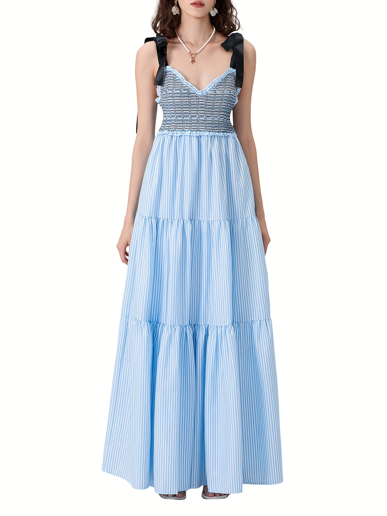 Women'S Sleeveless Ruffle Tiered Maxi Dress - Polyester and Spandex Blend with Striped Print