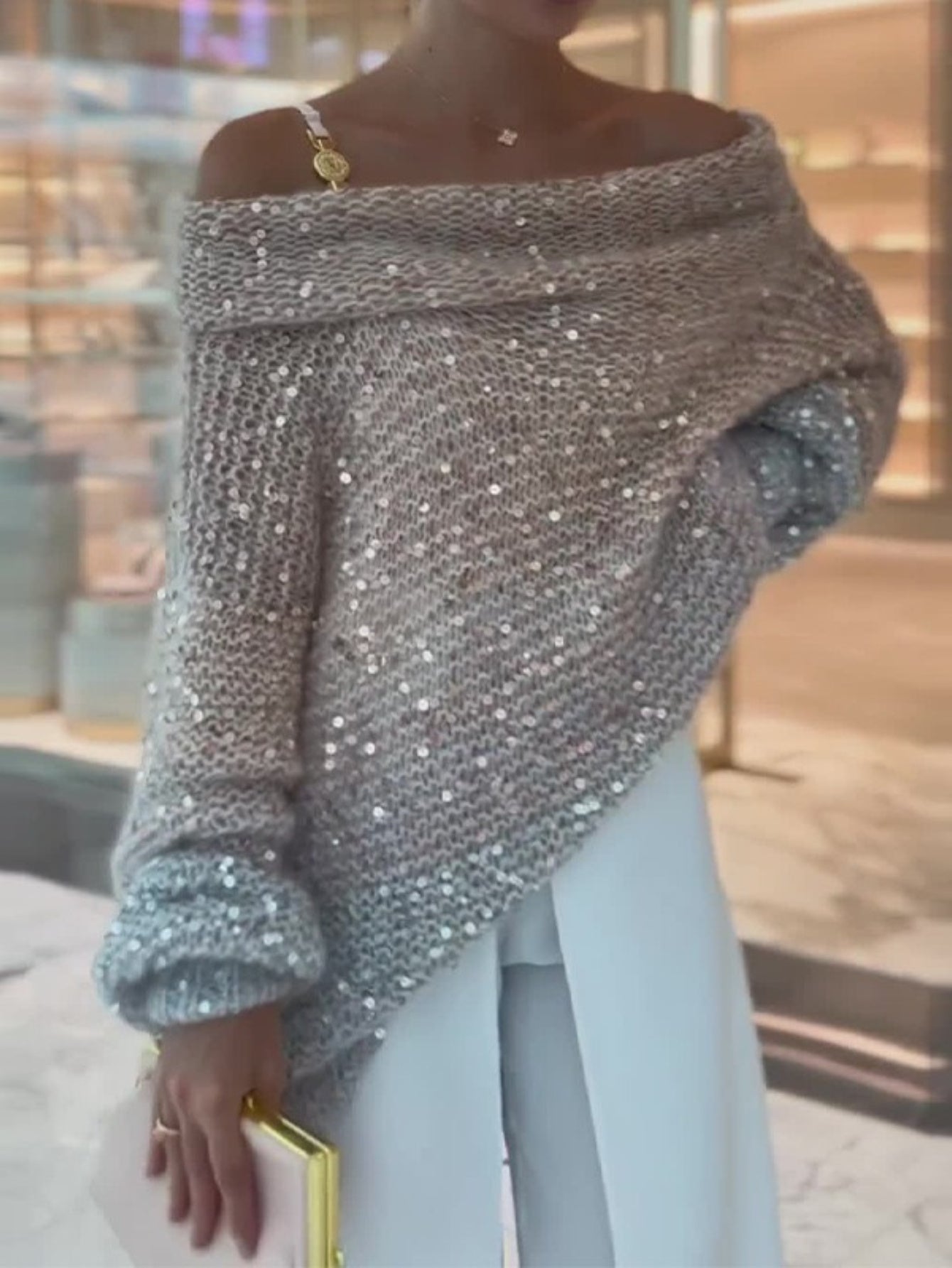 Women's Sparkling Off-the-Shoulder Sweater with Asymmetrical Sequin Sleeves - Winter Warm Loose-Fit H-Line Blazer-like Jacket