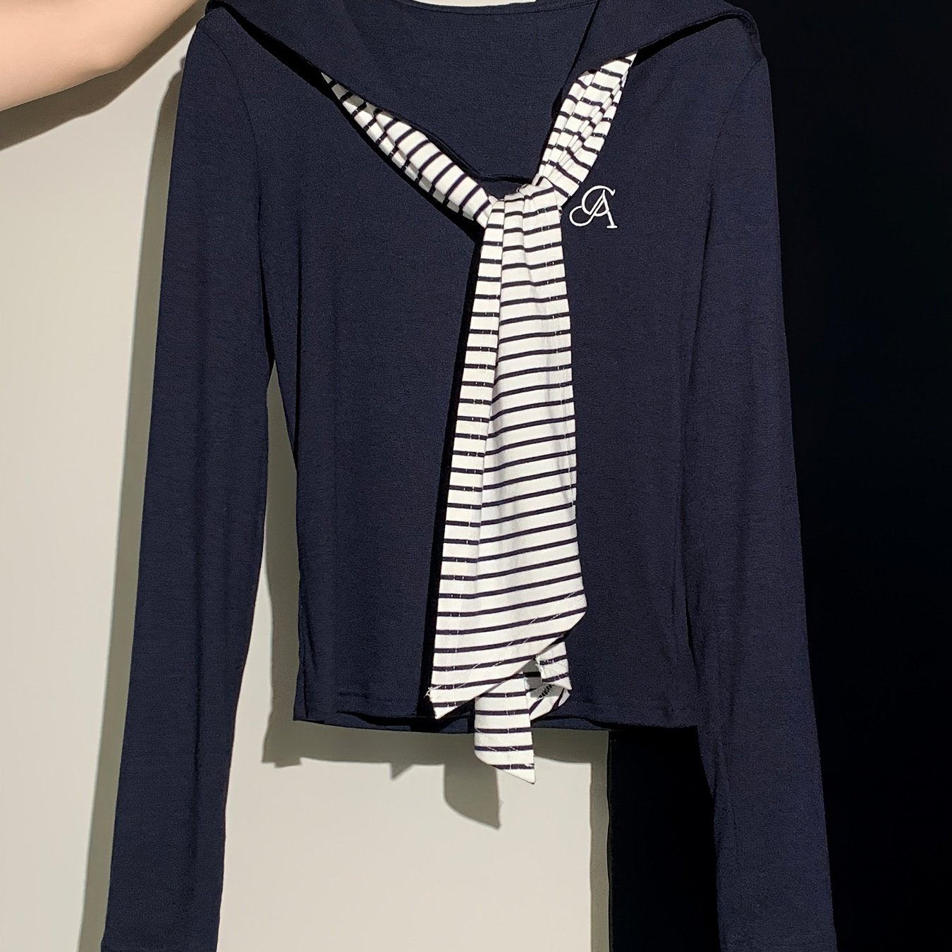 Women's Elegant Navy Blue & White Striped Long Sleeve Tunic Top - Slim-Fit Collar Blouse with Tie Closure