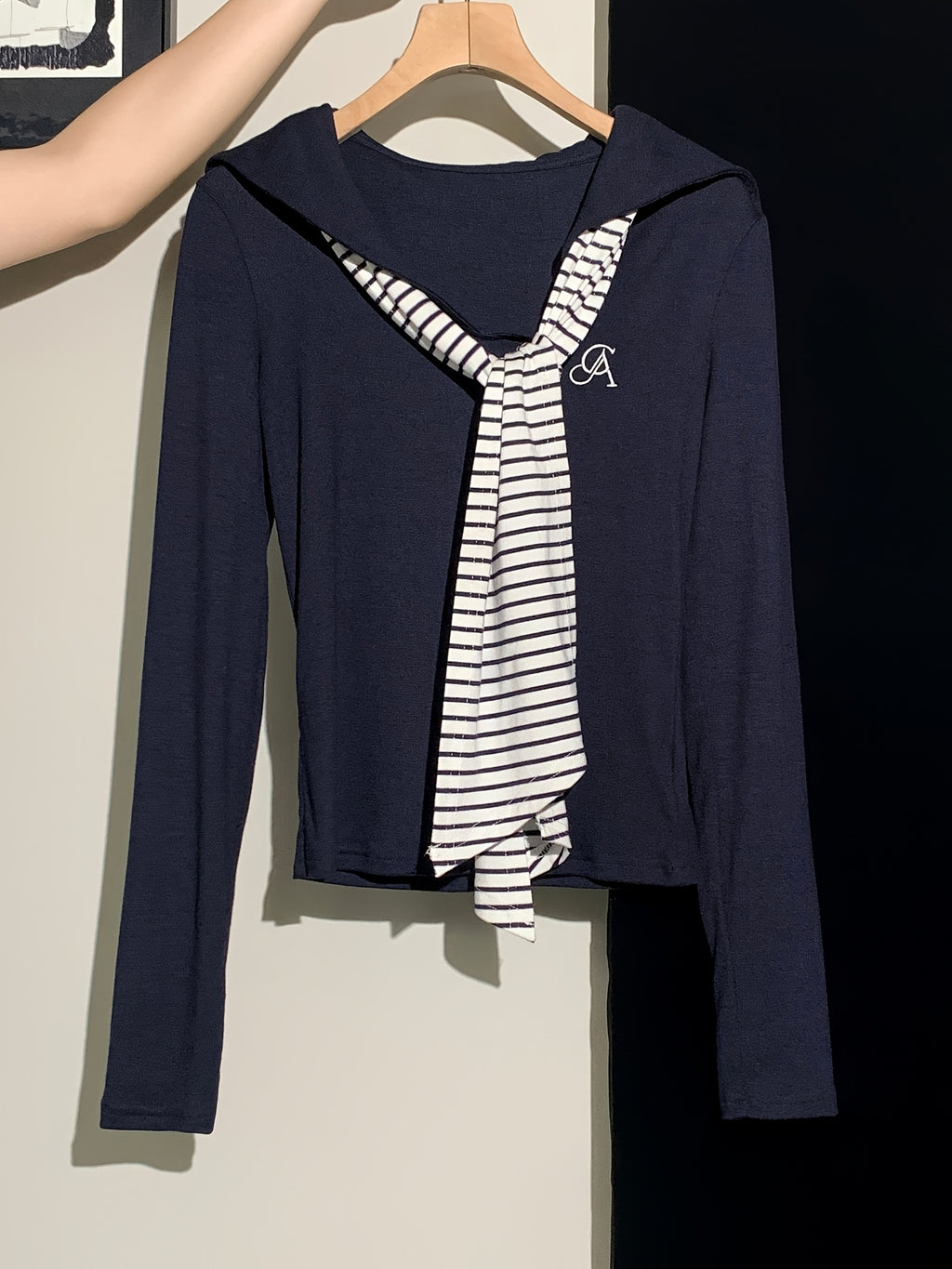 Women's Elegant Navy Blue & White Striped Long Sleeve Tunic Top - Slim-Fit Collar Blouse with Tie Closure