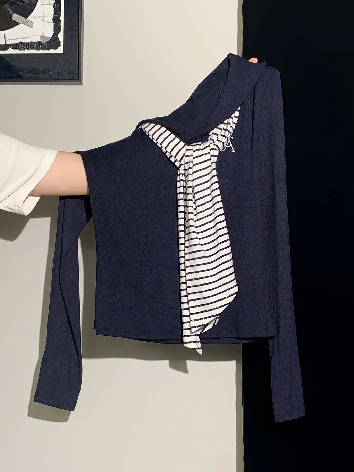 Women's Elegant Navy Blue & White Striped Long Sleeve Tunic Top - Slim-Fit Collar Blouse with Tie Closure